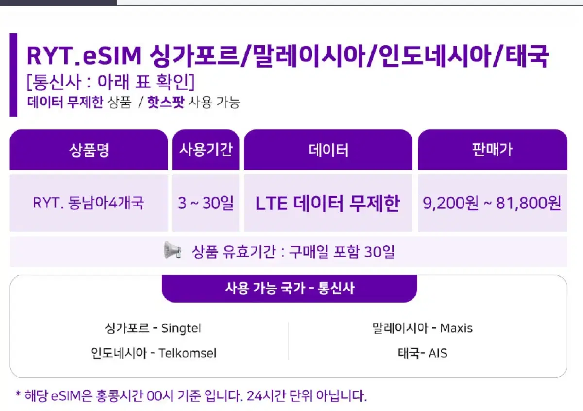 말톡 동남아 4개국 무제한 eSIM 판매